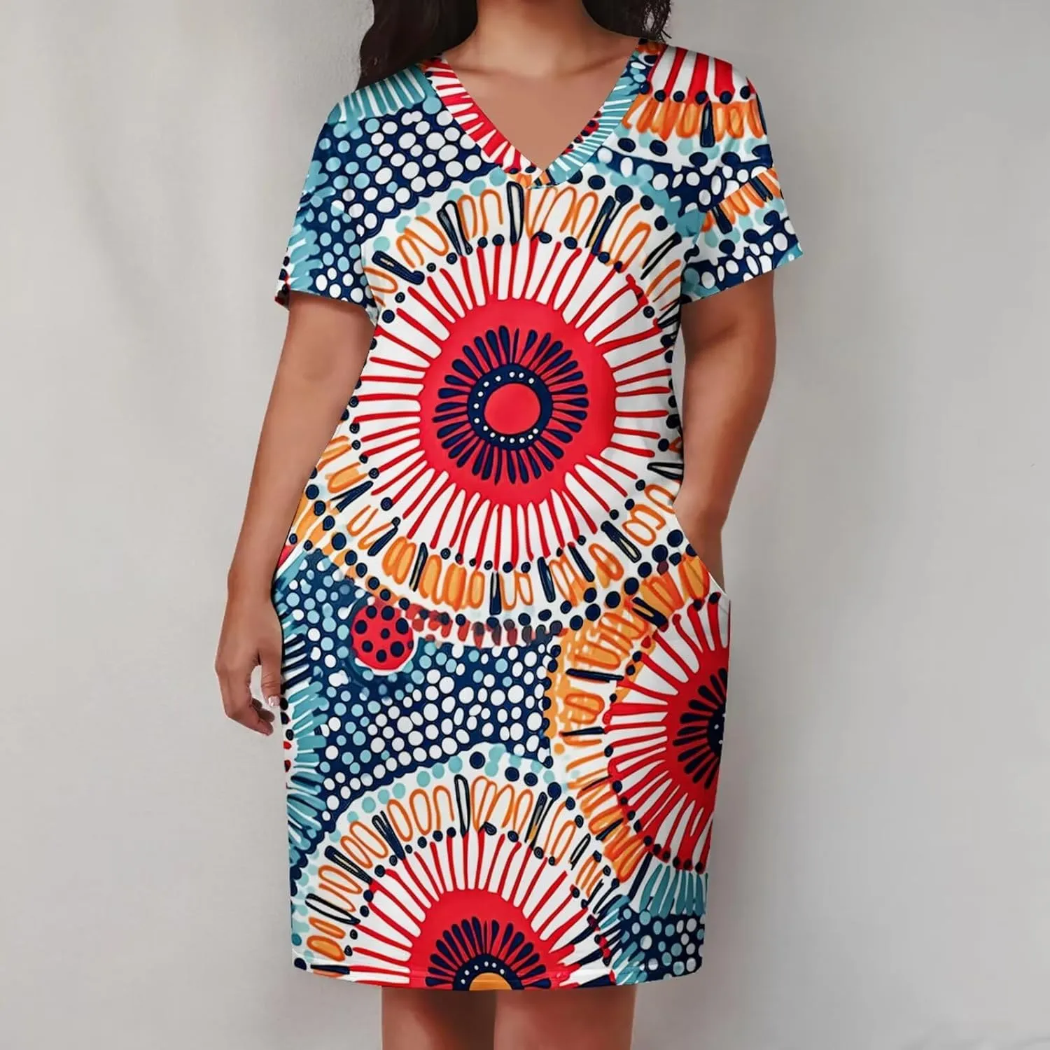 Plus Size Dresses for Curvy Women Summer Casual African Print V-Neck Short Sleeve Loose Midi A Line Dress
