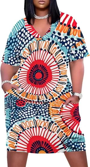 Plus Size Dresses for Curvy Women Summer Casual African Print V-Neck Short Sleeve Loose Midi A Line Dress