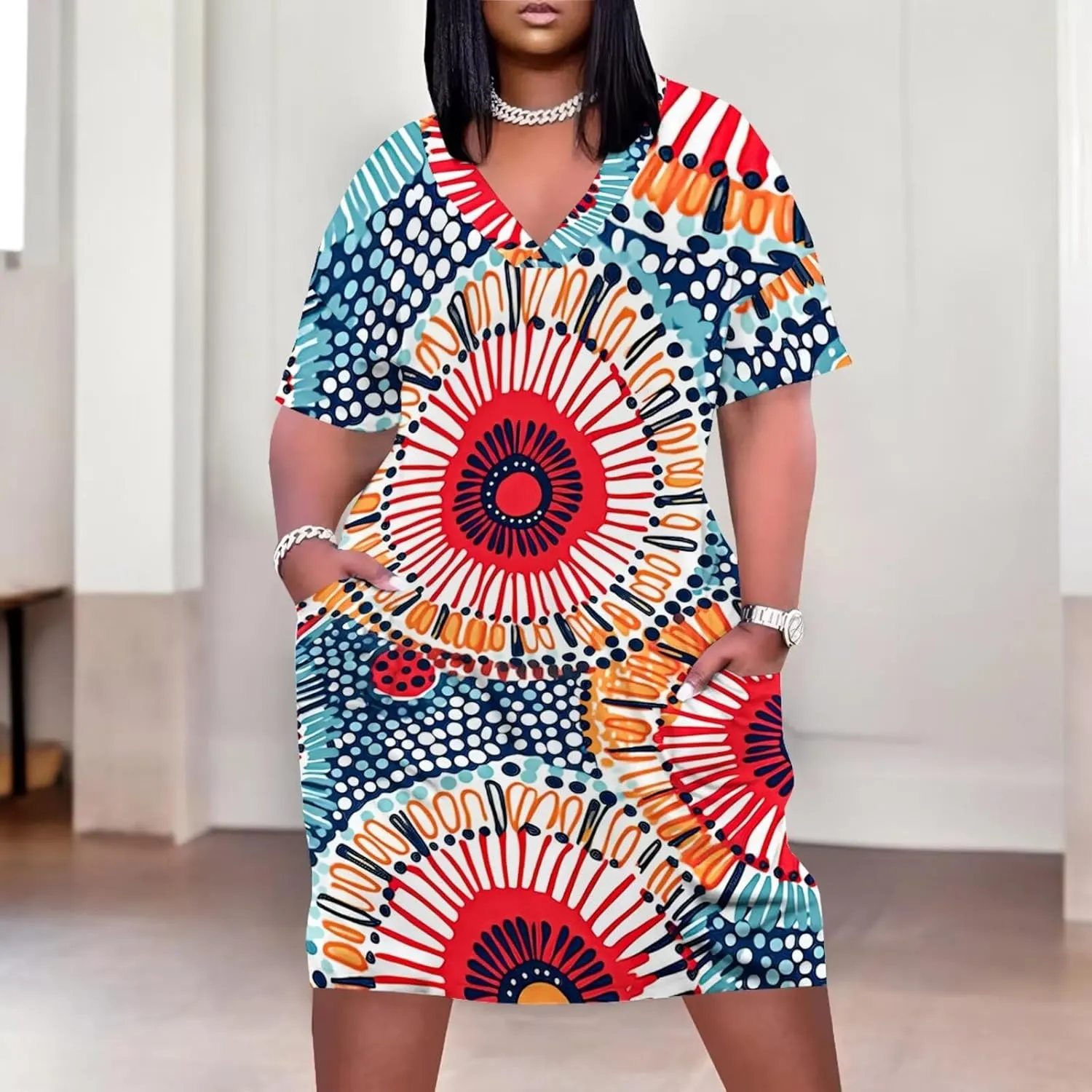 Plus Size Dresses for Curvy Women Summer Casual African Print V-Neck Short Sleeve Loose Midi A Line Dress