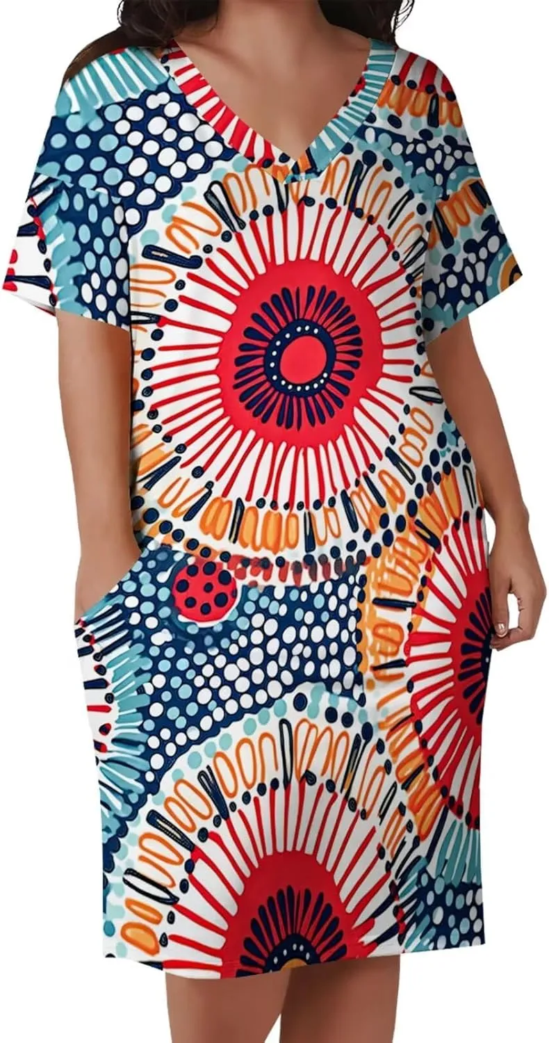 Plus Size Dresses for Curvy Women Summer Casual African Print V-Neck Short Sleeve Loose Midi A Line Dress