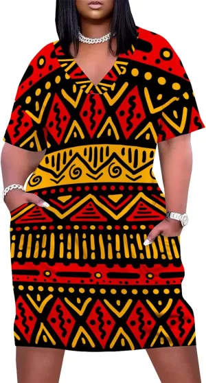 Plus Size Dresses for Curvy Women Summer Casual African Print V-Neck Short Sleeve Loose Midi A Line Dress