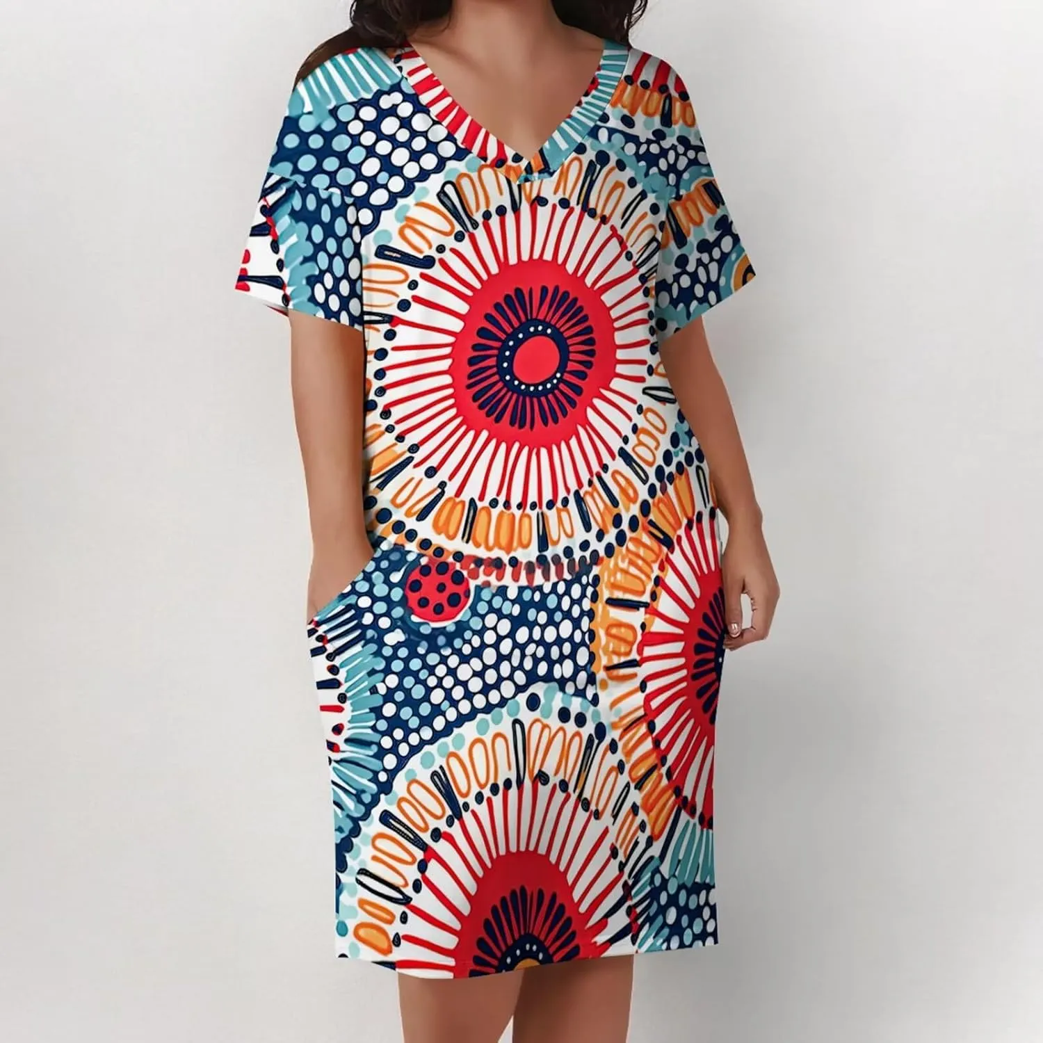Plus Size Dresses for Curvy Women Summer Casual African Print V-Neck Short Sleeve Loose Midi A Line Dress