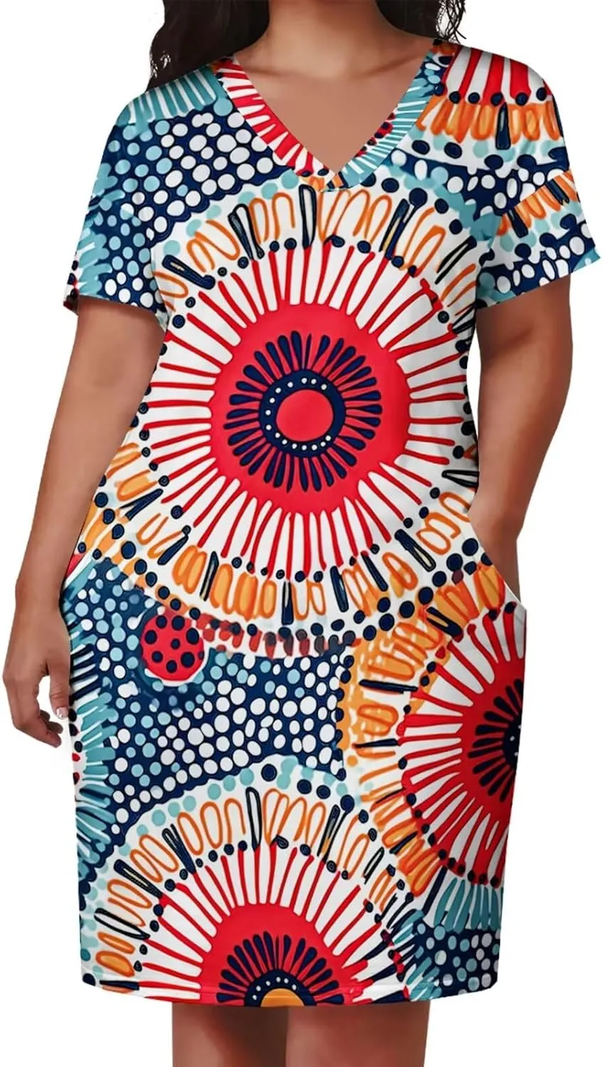 Plus Size Dresses for Curvy Women Summer Casual African Print V-Neck Short Sleeve Loose Midi A Line Dress