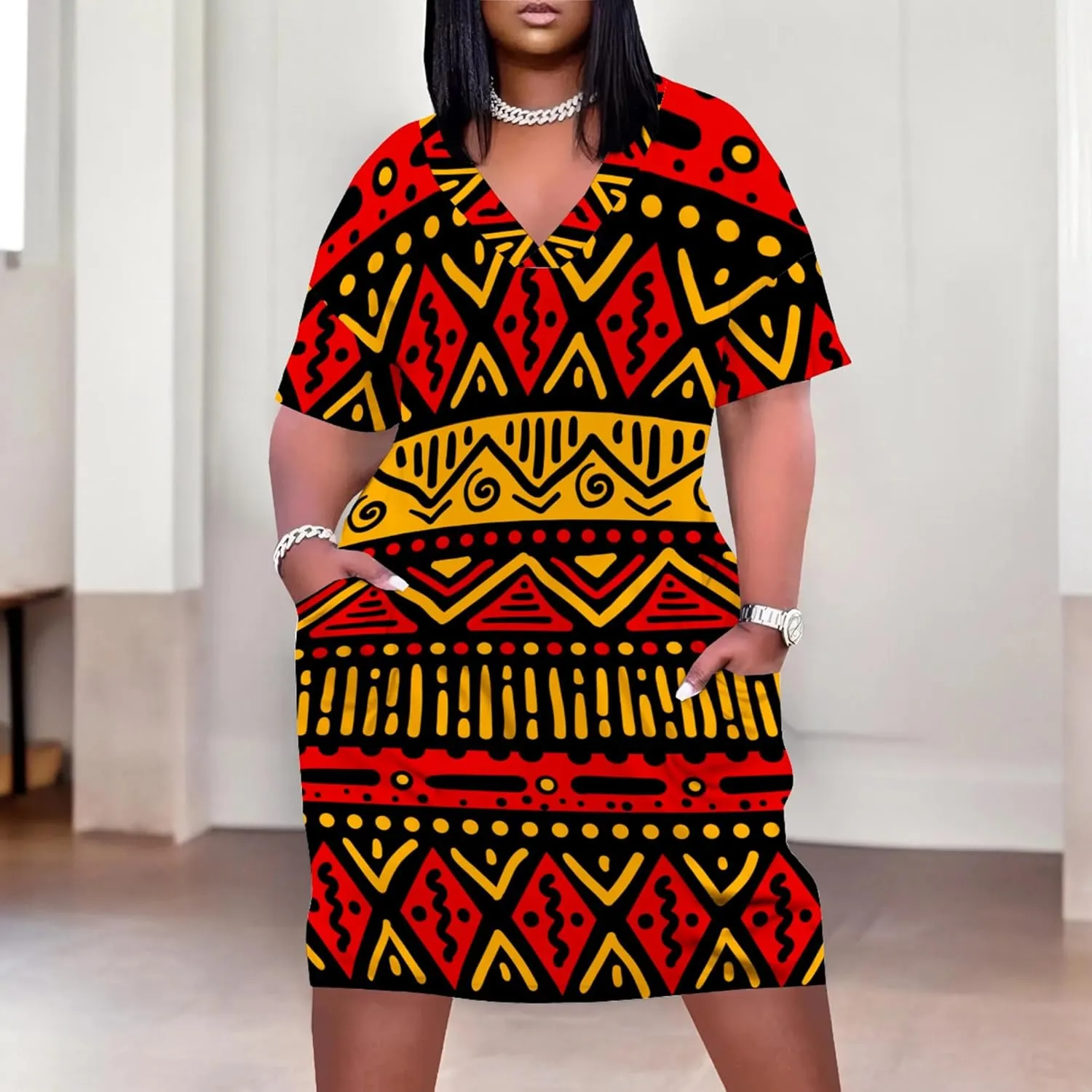 Plus Size Dresses for Curvy Women Summer Casual African Print V-Neck Short Sleeve Loose Midi A Line Dress
