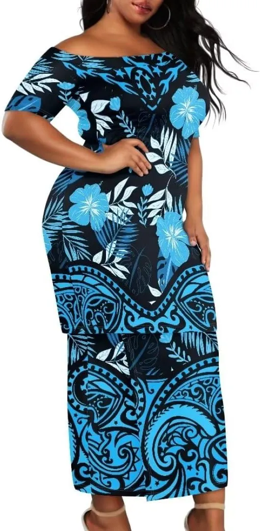 Polynesian Dress for Women Samoan Dress Short Sleeve Crewneck Plus Size Two Piece Set Outfit