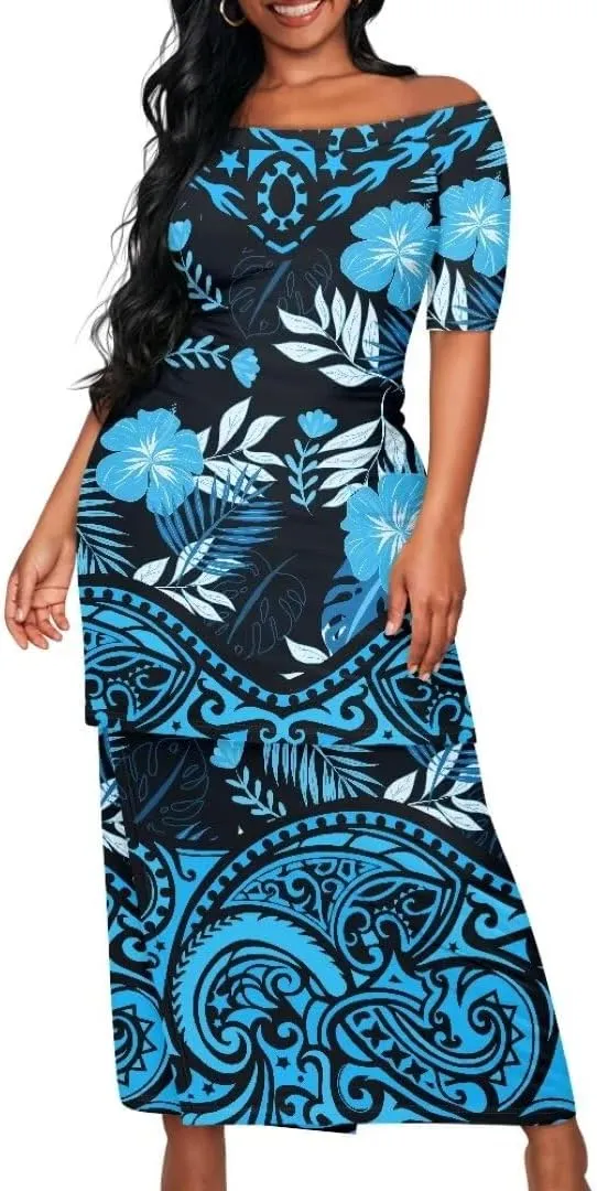 Polynesian Dress for Women Samoan Dress Short Sleeve Crewneck Plus Size Two Piece Set Outfit