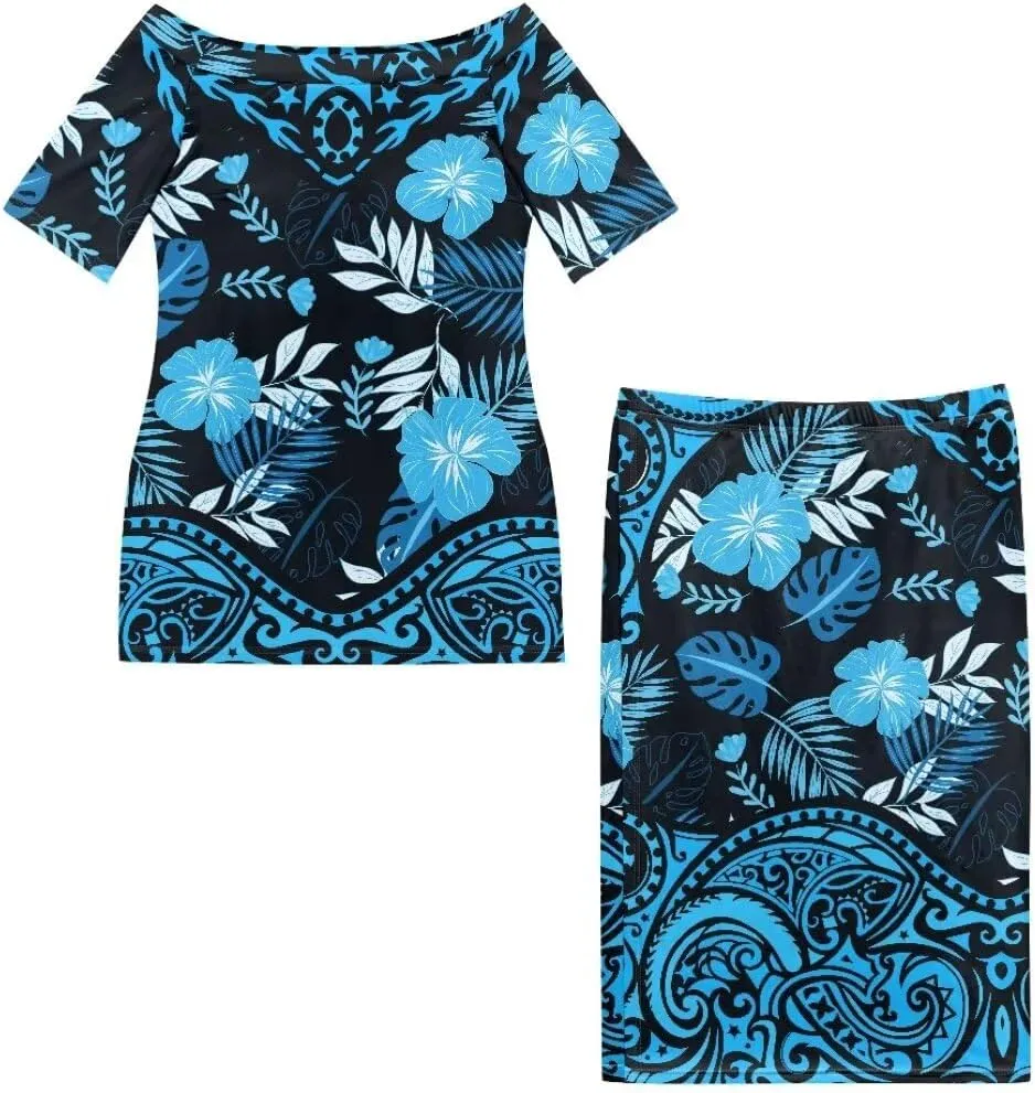 Polynesian Dress for Women Samoan Dress Short Sleeve Crewneck Plus Size Two Piece Set Outfit