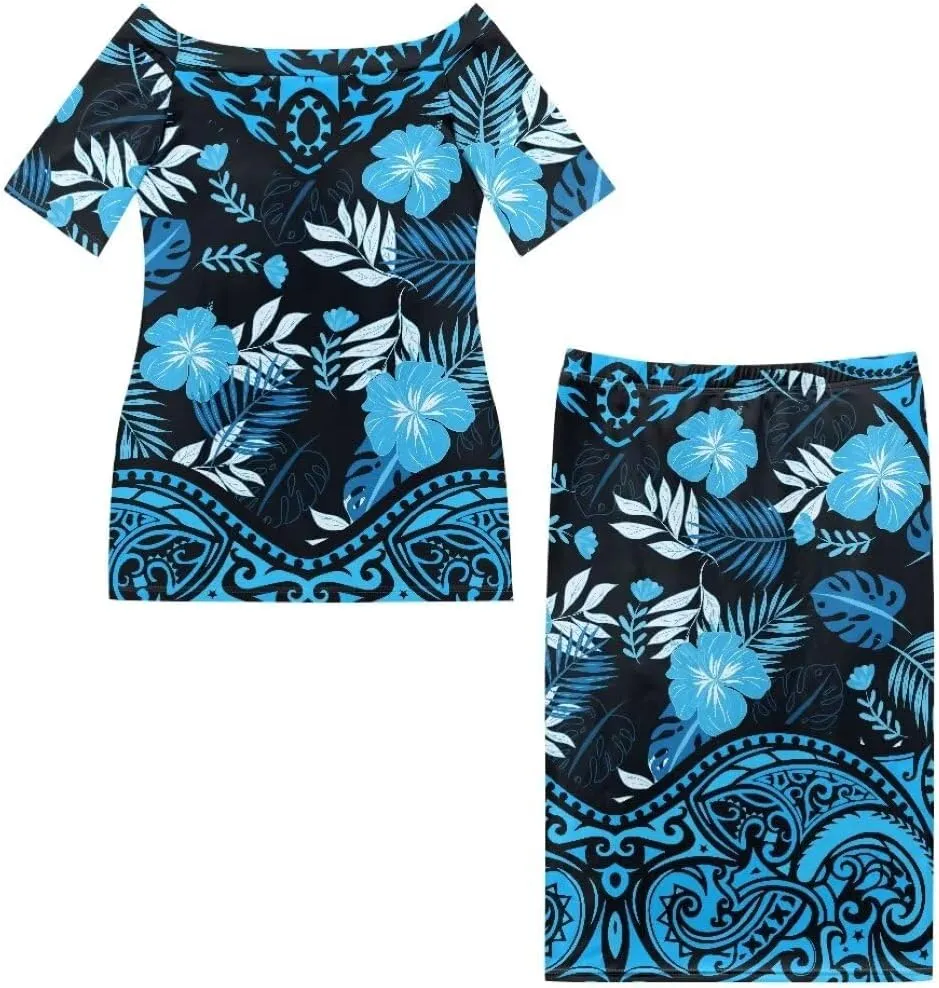 Polynesian Dress for Women Samoan Dress Short Sleeve Crewneck Plus Size Two Piece Set Outfit