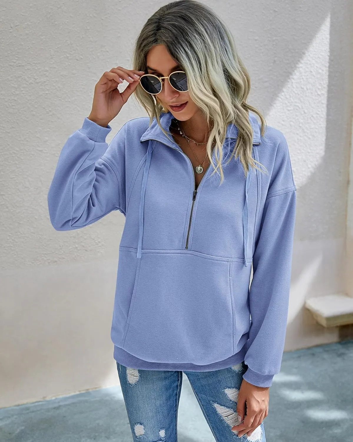 PRETTYGARDEN Women's Casual Long Sleeve Lapel Zipper Sweatshirt Drawstring Loose Pullover Tops