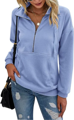 PRETTYGARDEN Women's Casual Long Sleeve Lapel Zipper Sweatshirt Drawstring Loose Pullover Tops