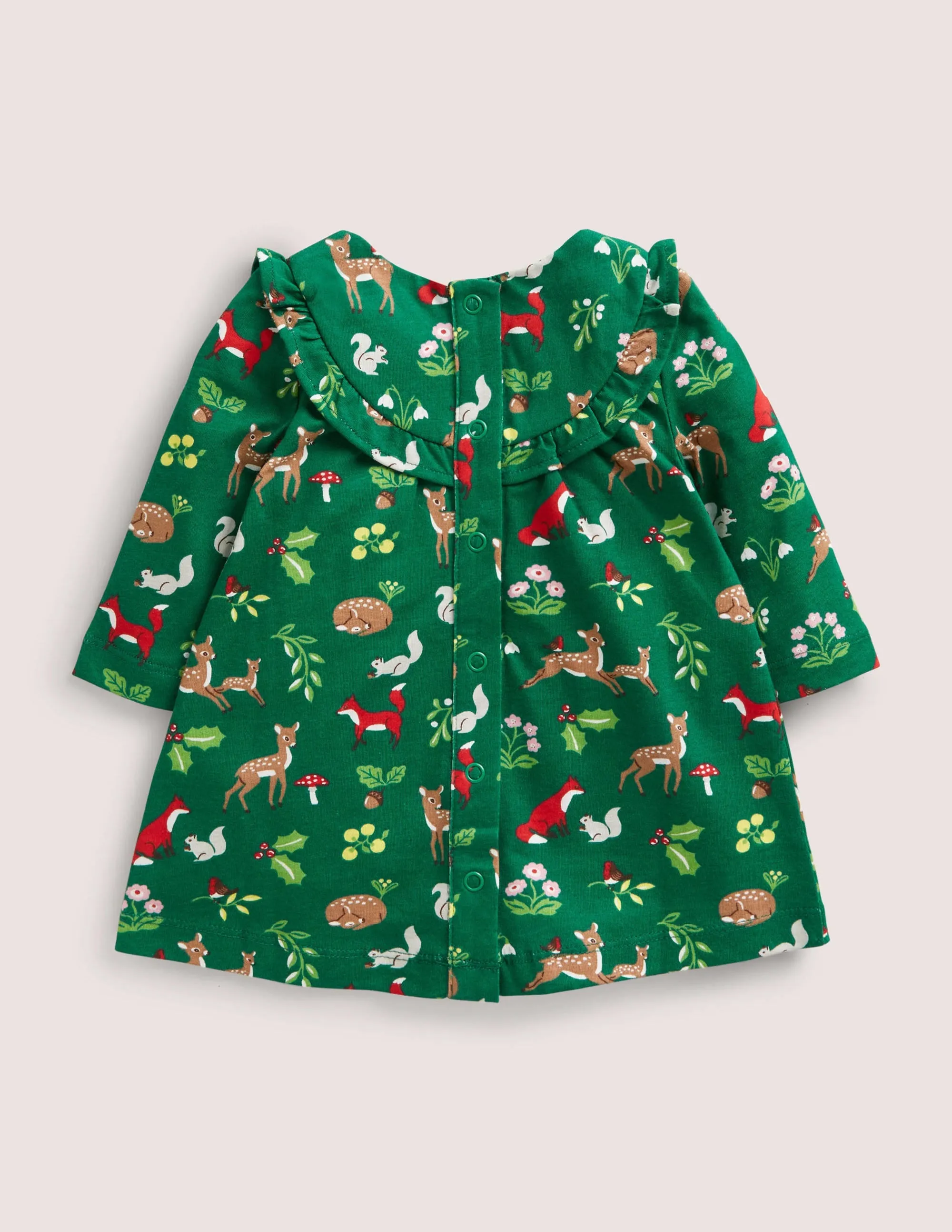 Printed Long Sleeve Dress-Shady Green Festive Woodland