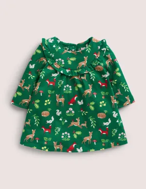 Printed Long Sleeve Dress-Shady Green Festive Woodland