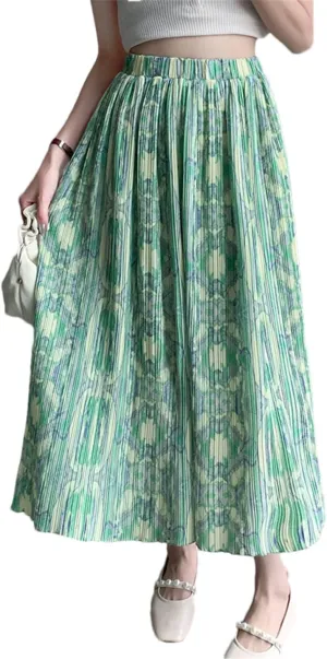 Pulcykp Pleated Midi Skirt Women Spring Summer Floral Print A Line High Waist Long Skirt