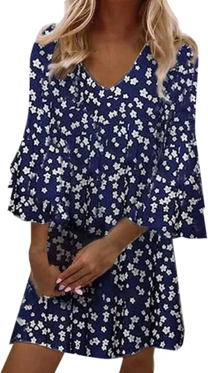 QWENTMTNTY Women's Summer Tunic Dress Floral Printed Bell Sleeve Casual Loose V Neck Ruffle Swing Mini Dresses Three Layer (Navy, S)