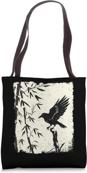 Raven Perched on Bamboo Branch Serenity Nature Harmony Tote Bag