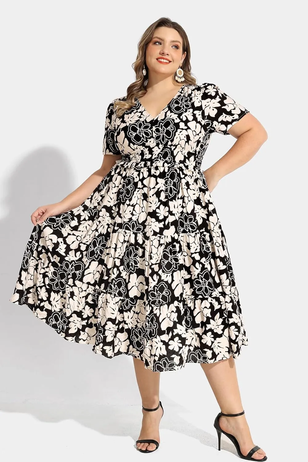 RITERA Plus Size Dresses for Curvy Women Elastic Waist V Neck Dress with Pockets Tiered A Line Ruffle Hem Midi Dresses XL-5XL