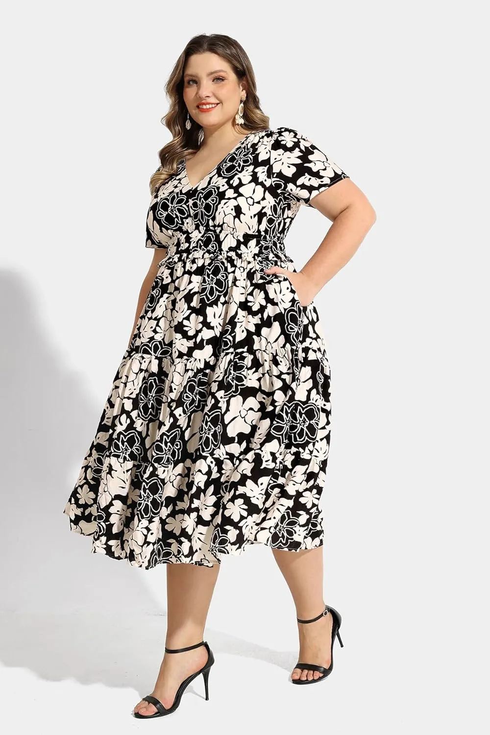 RITERA Plus Size Dresses for Curvy Women Elastic Waist V Neck Dress with Pockets Tiered A Line Ruffle Hem Midi Dresses XL-5XL