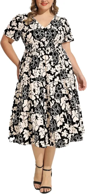RITERA Plus Size Dresses for Curvy Women Elastic Waist V Neck Dress with Pockets Tiered A Line Ruffle Hem Midi Dresses XL-5XL