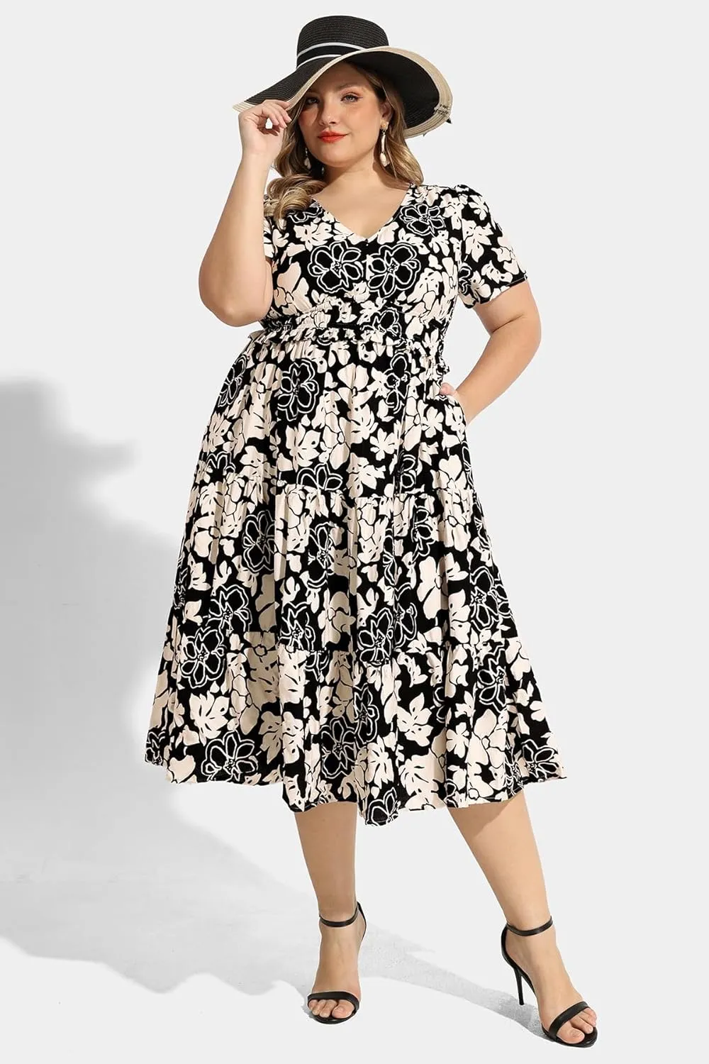 RITERA Plus Size Dresses for Curvy Women Elastic Waist V Neck Dress with Pockets Tiered A Line Ruffle Hem Midi Dresses XL-5XL