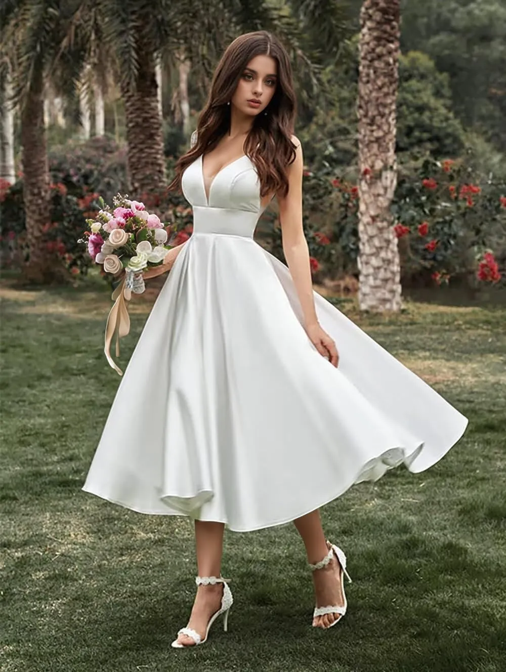 RunaCelle Satin Midi Wedding Dresses for Bride 2025 V Neck Bridal Dress A Line Ankle Length Beach Bridal Gowns for Women
