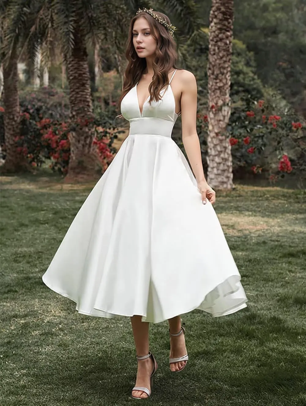 RunaCelle Satin Midi Wedding Dresses for Bride 2025 V Neck Bridal Dress A Line Ankle Length Beach Bridal Gowns for Women