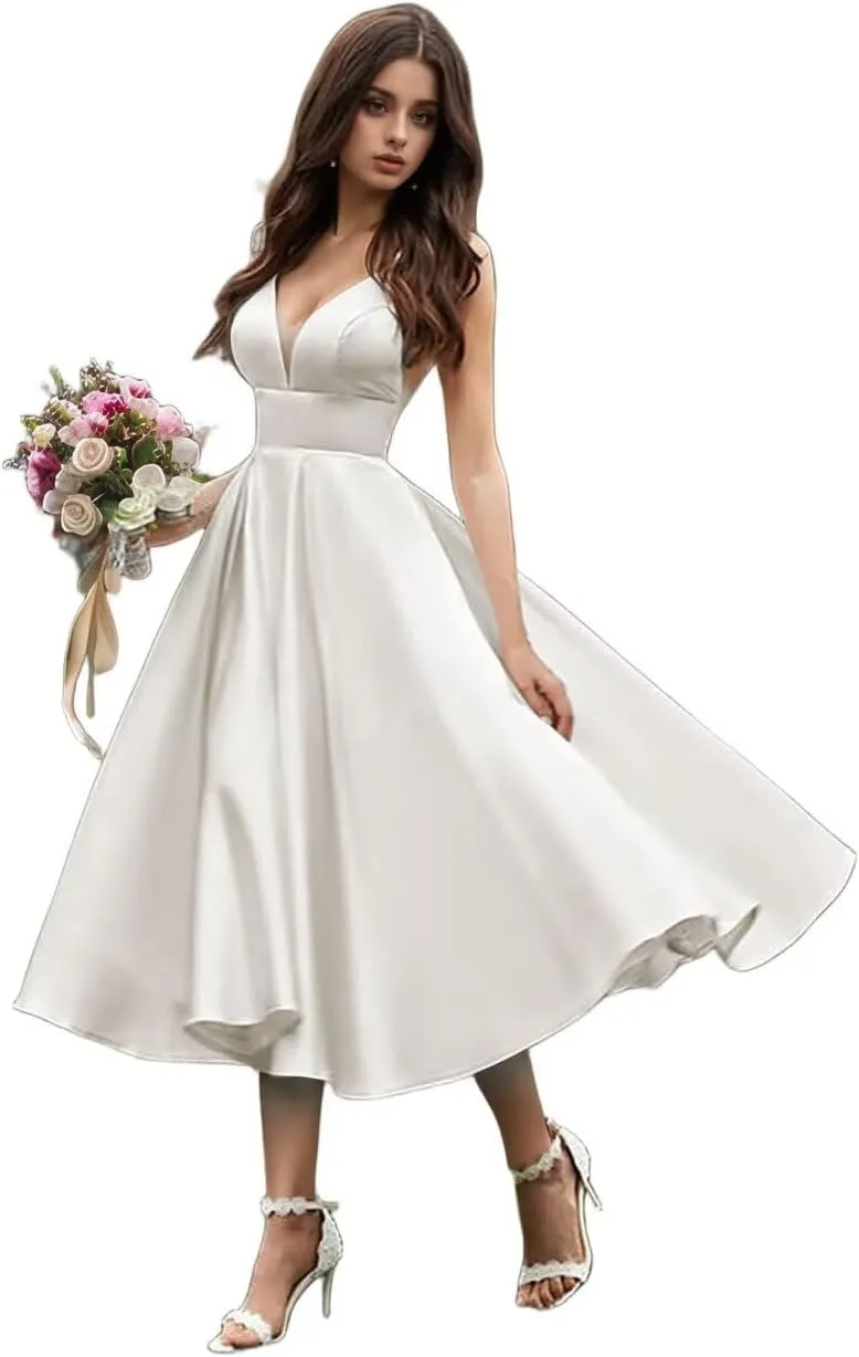 RunaCelle Satin Midi Wedding Dresses for Bride 2025 V Neck Bridal Dress A Line Ankle Length Beach Bridal Gowns for Women