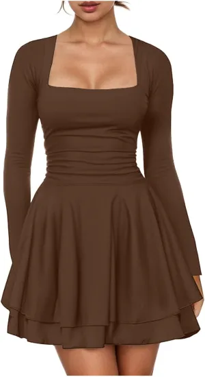 Rvidbe Summer Dresses for Women 2025 Square Neck Ruffle Hem Mini Dress Ruched Waist Long Sleeve Corset Short Party Dresses