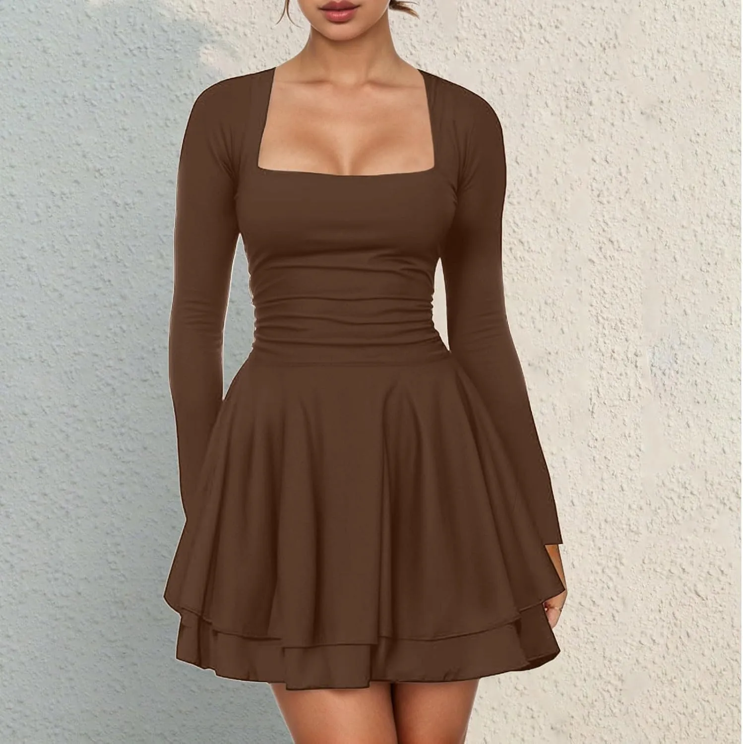 Rvidbe Summer Dresses for Women 2025 Square Neck Ruffle Hem Mini Dress Ruched Waist Long Sleeve Corset Short Party Dresses