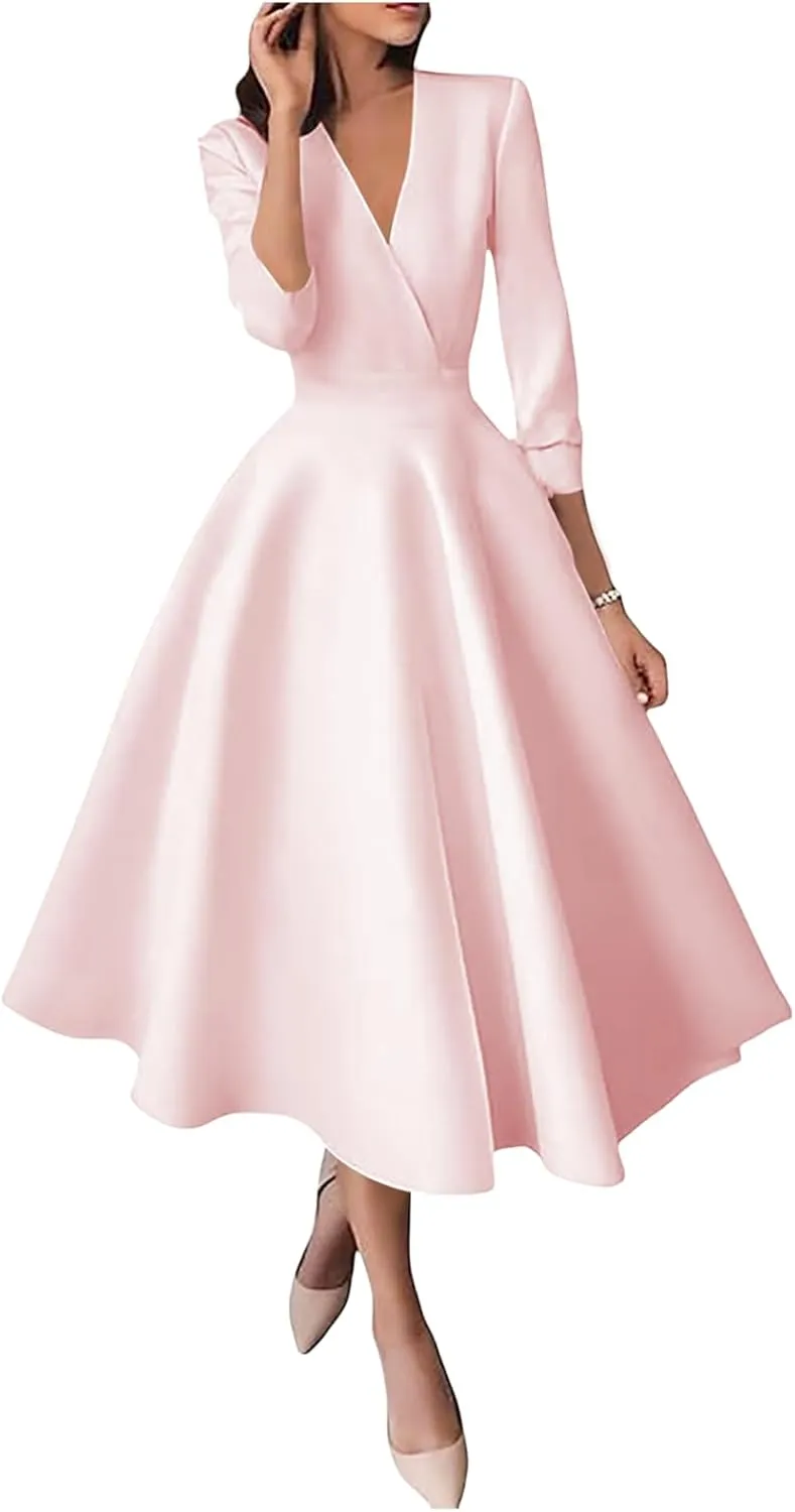 Satin V Neck Mother of The Bride Dresses for Wedding 3/4 Sleeves A Line Wedding Guest Dresses for Women with Pleates