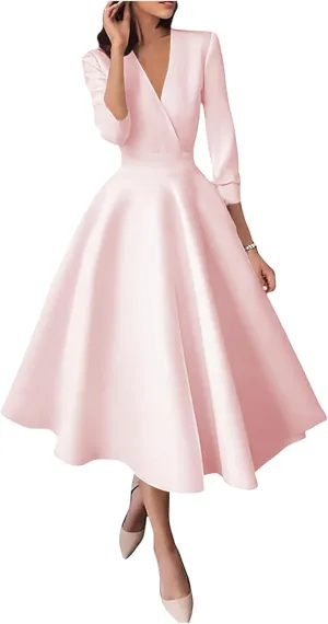 Satin V Neck Mother of The Bride Dresses for Wedding 3/4 Sleeves A Line Wedding Guest Dresses for Women with Pleates