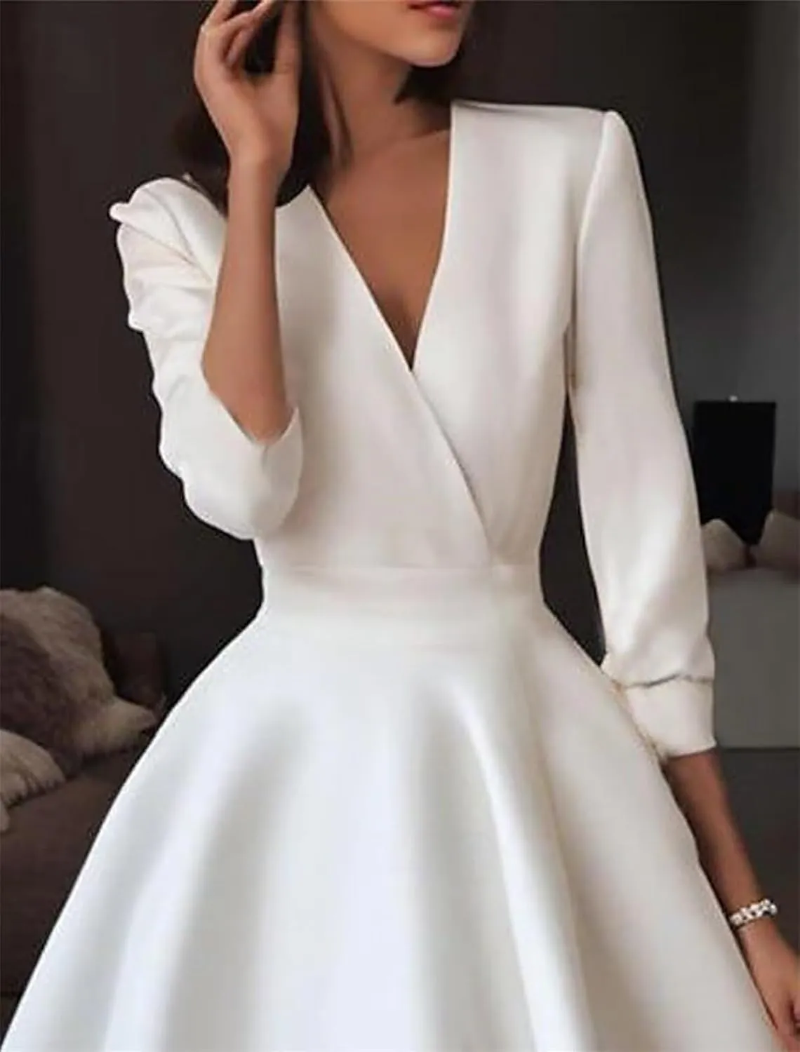 Satin V Neck Mother of The Bride Dresses for Wedding 3/4 Sleeves A Line Wedding Guest Dresses for Women with Pleates