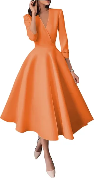 Satin V Neck Mother of The Bride Dresses for Wedding 3/4 Sleeves A Line Wedding Guest Dresses for Women with Pleates