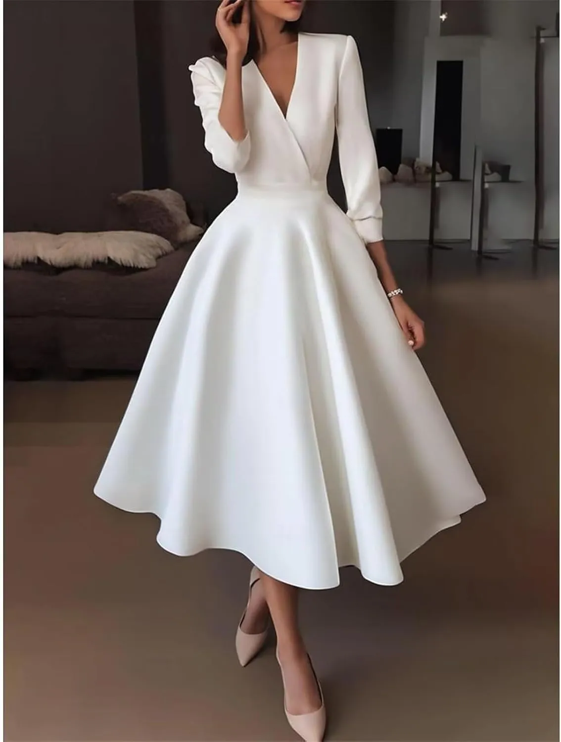 Satin V Neck Mother of The Bride Dresses for Wedding 3/4 Sleeves A Line Wedding Guest Dresses for Women with Pleates