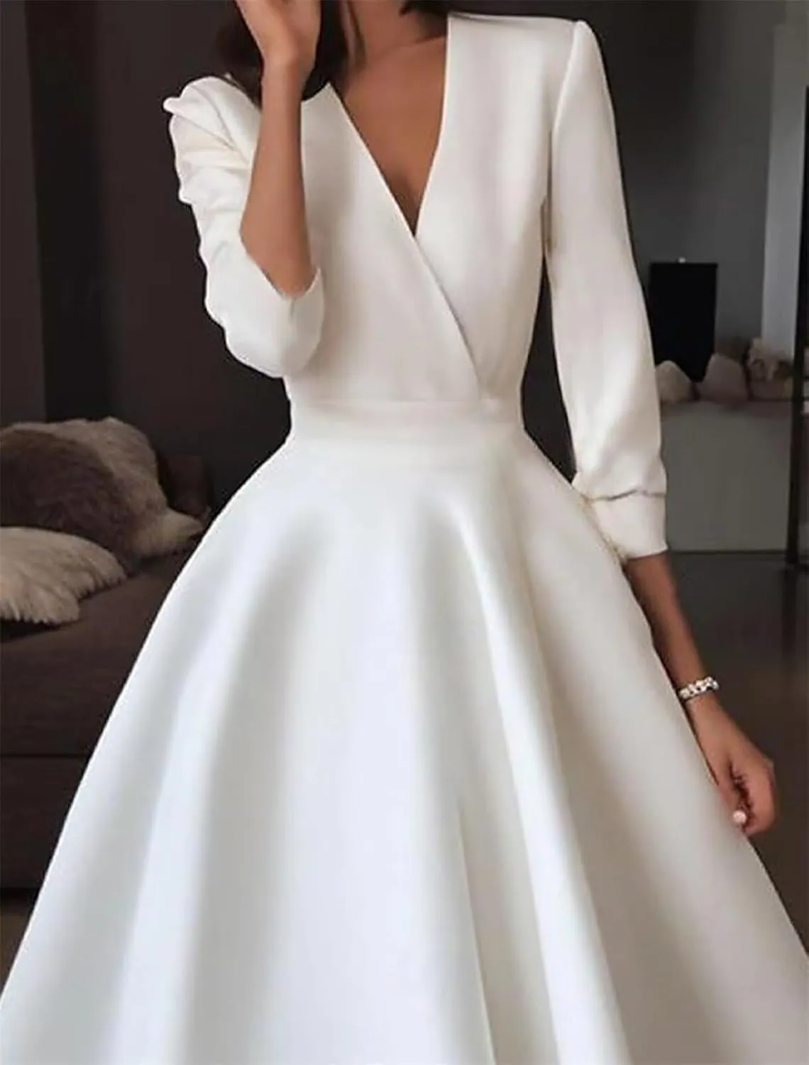 Satin V Neck Mother of The Bride Dresses for Wedding 3/4 Sleeves A Line Wedding Guest Dresses for Women with Pleates