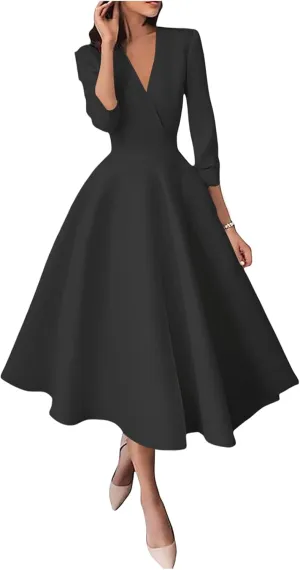 Satin V Neck Mother of The Bride Dresses for Wedding 3/4 Sleeves A Line Wedding Guest Dresses for Women with Pleates