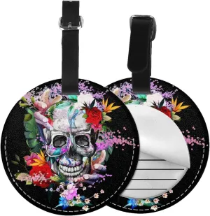Set of 2 Artistic Skull Leather Luggage Tags for Suitcases with Cool Pattern Print, Colorful Flowers Private Name ID Labels with Loop for Travel Baggage Bag