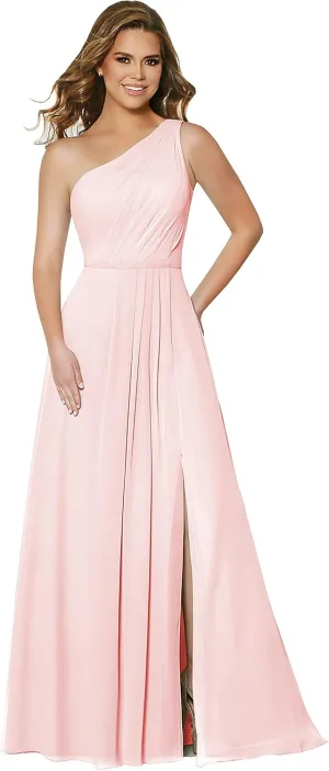 Skycity One Shoulder Bridesmaid Dresses Long Chiffon Ruched Side Slit Formal Dress with Pockets Z032