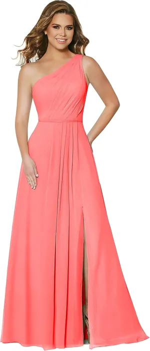 Skycity One Shoulder Bridesmaid Dresses Long Chiffon Ruched Side Slit Formal Dress with Pockets Z032