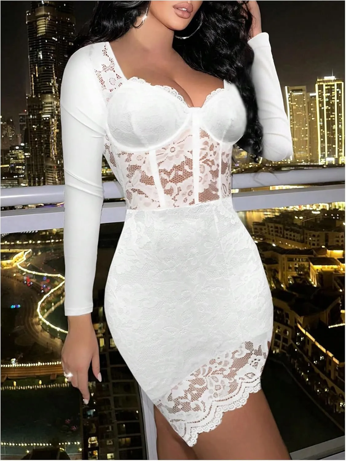SOLY HUX Women's Lace Sheer Bodycon Mini Dresses Long Sleeve Sexy Club Night Out Party Dress