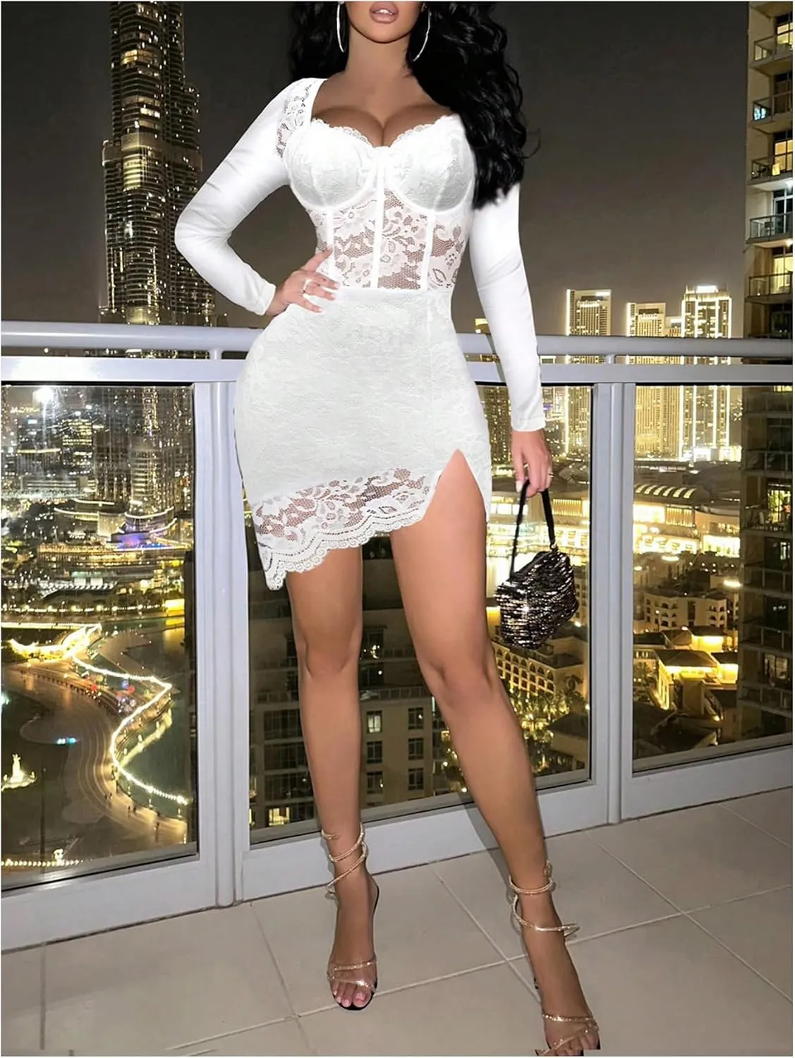 SOLY HUX Women's Lace Sheer Bodycon Mini Dresses Long Sleeve Sexy Club Night Out Party Dress