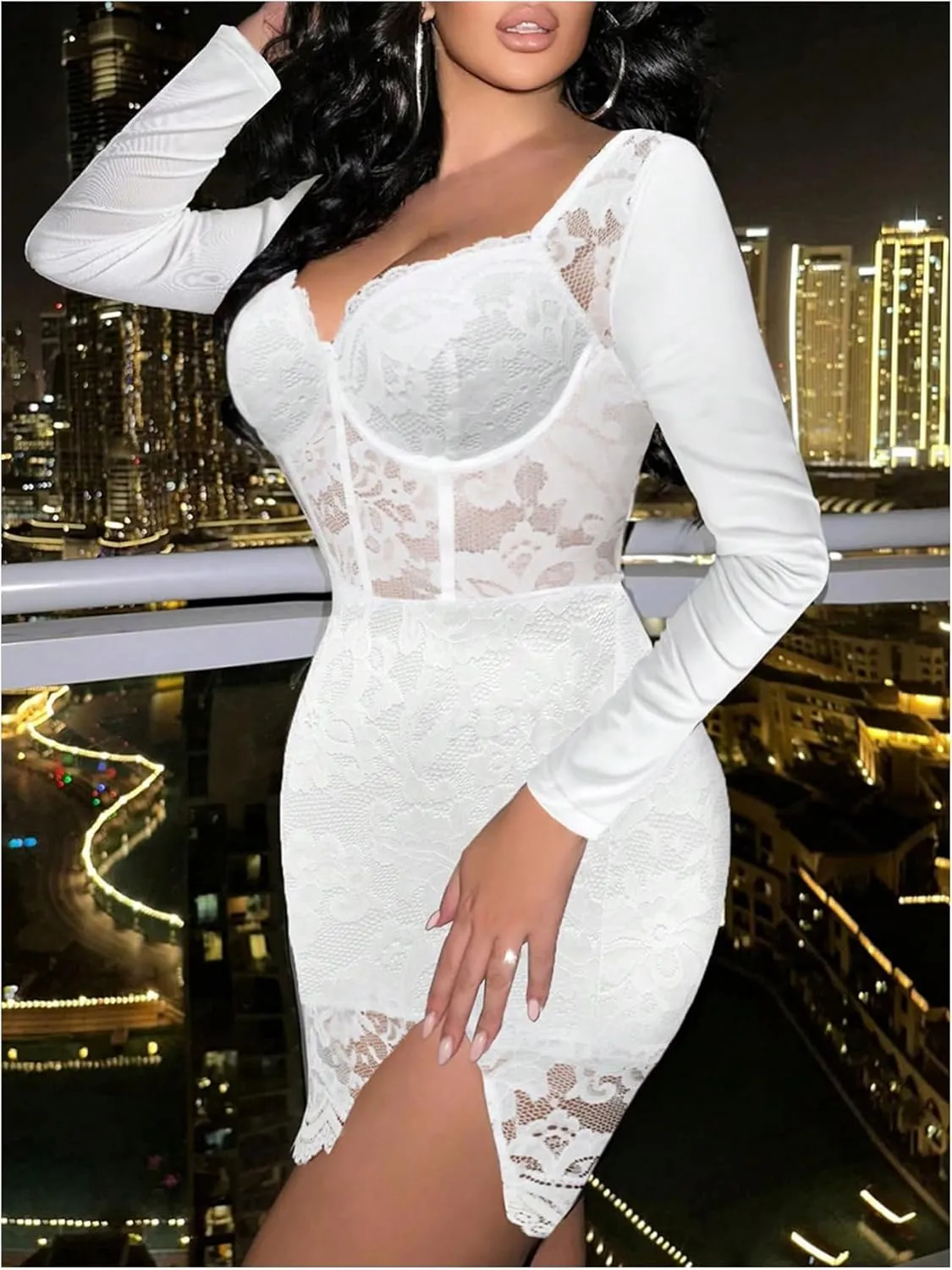 SOLY HUX Women's Lace Sheer Bodycon Mini Dresses Long Sleeve Sexy Club Night Out Party Dress