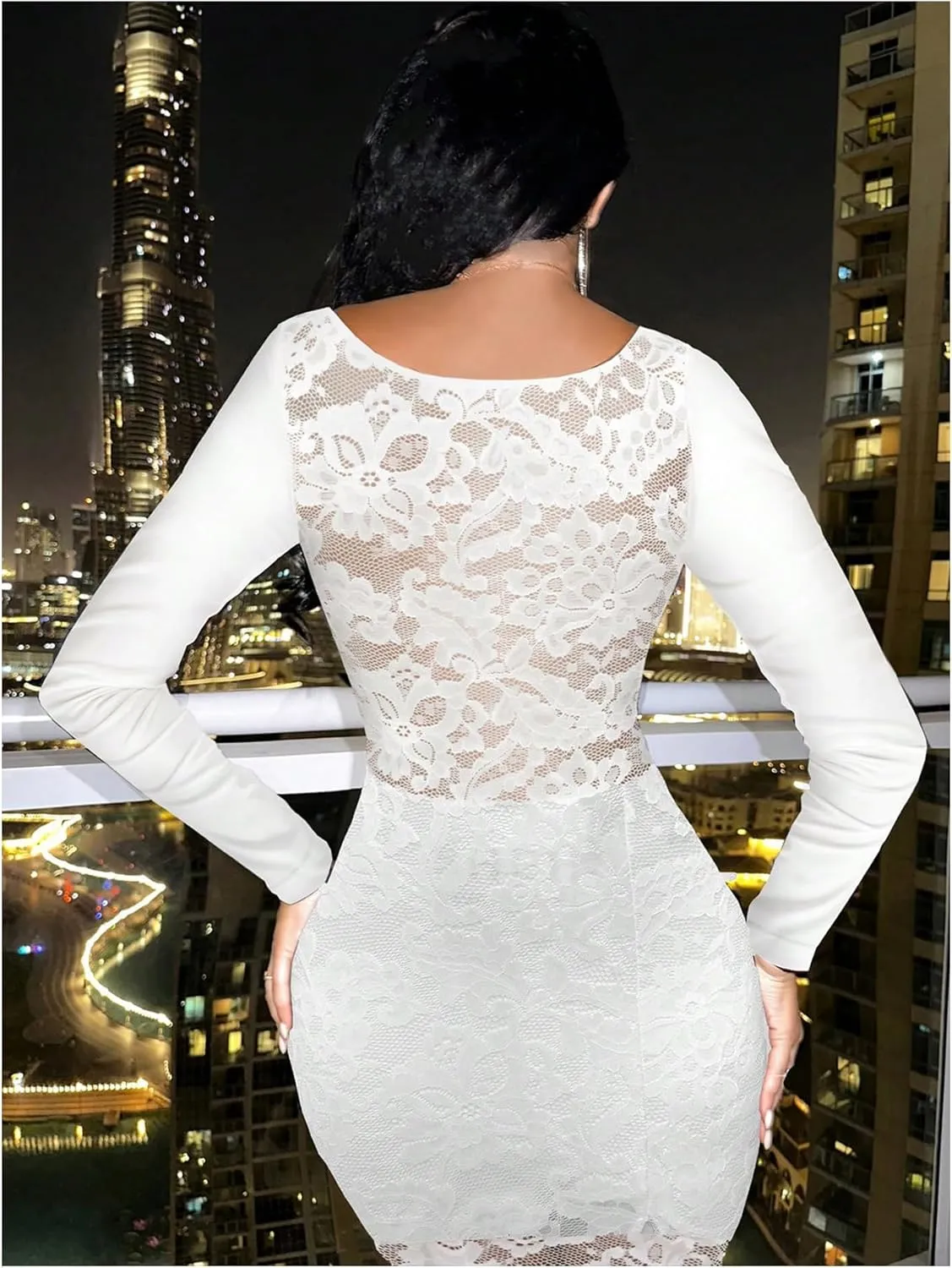 SOLY HUX Women's Lace Sheer Bodycon Mini Dresses Long Sleeve Sexy Club Night Out Party Dress