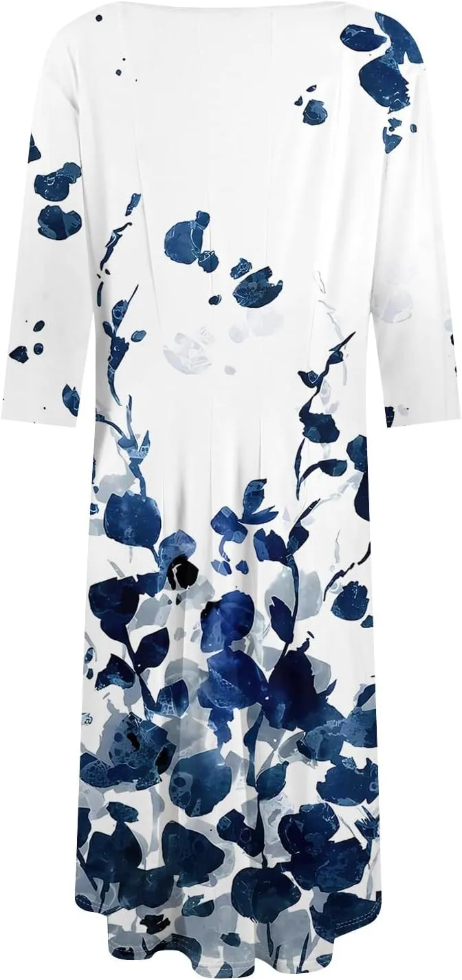 Spring Midi Knee Length Dress for Women 3/4 Length Sleeve Ruched Dress Crew Neck Dresses A Line Dress with Pocket