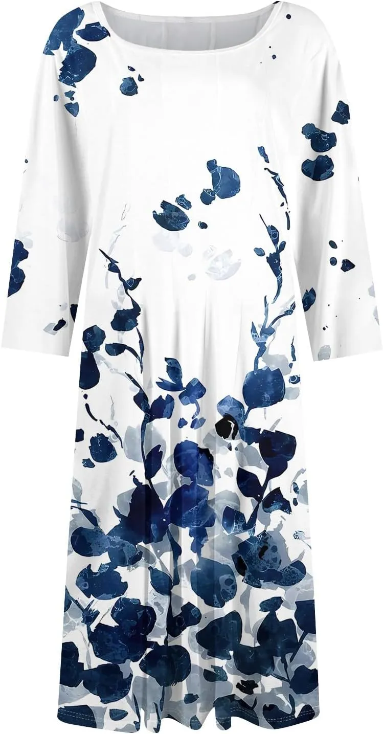 Spring Midi Knee Length Dress for Women 3/4 Length Sleeve Ruched Dress Crew Neck Dresses A Line Dress with Pocket