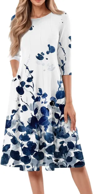 Spring Midi Knee Length Dress for Women 3/4 Length Sleeve Ruched Dress Crew Neck Dresses A Line Dress with Pocket