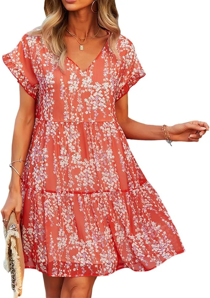 Summer Casual Midi Dress for Women Ruffle Short Sleeve Cute V Neck Dress Wedding Guest Tiered Pleated Smocked Dress