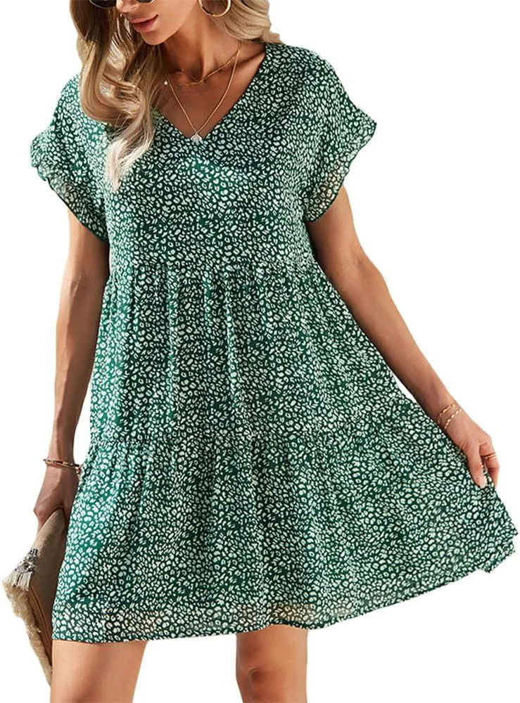 Summer Casual Midi Dress for Women Ruffle Short Sleeve Cute V Neck Dress Wedding Guest Tiered Pleated Smocked Dress