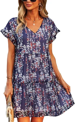 Summer Casual Midi Dress for Women Ruffle Short Sleeve Cute V Neck Dress Wedding Guest Tiered Pleated Smocked Dress