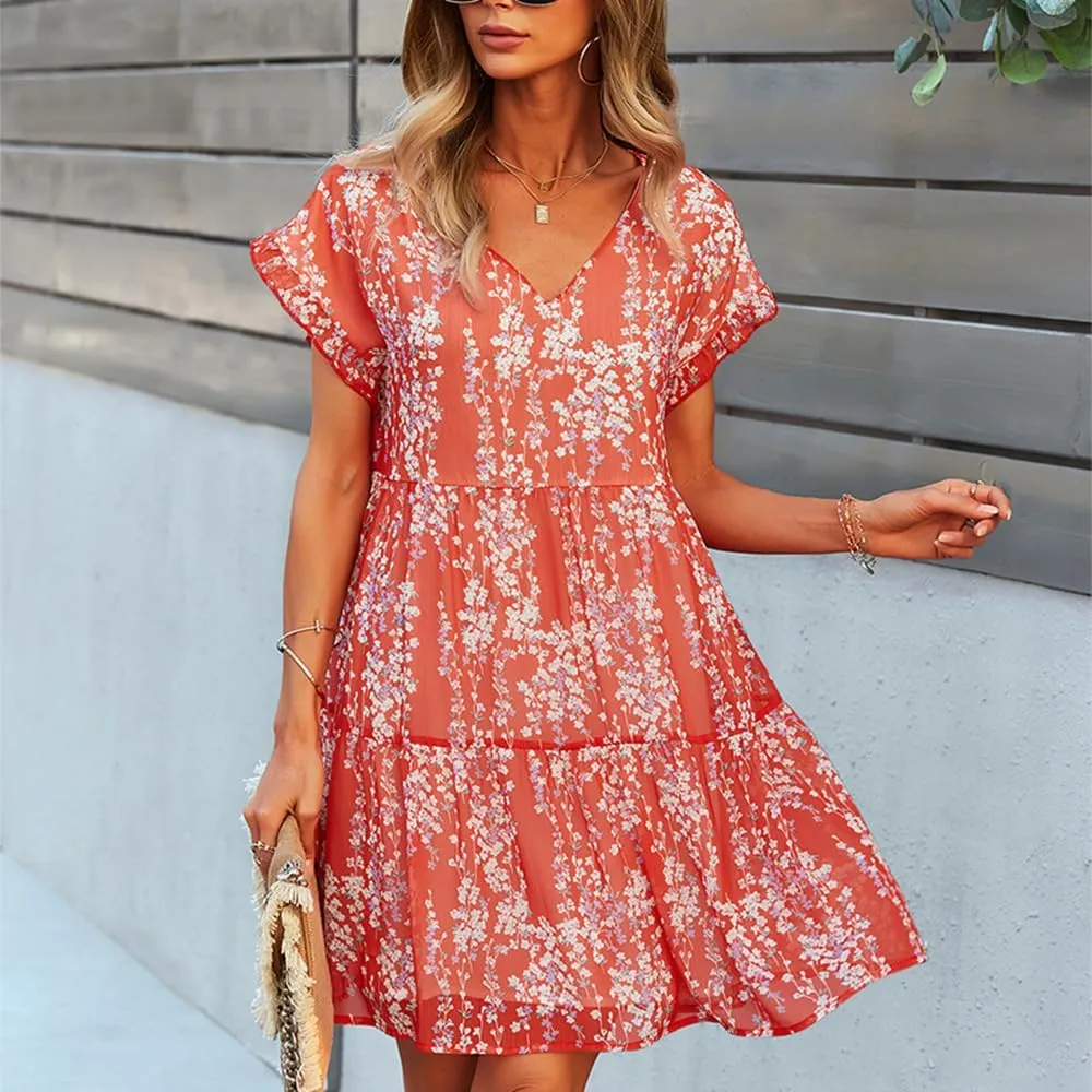 Summer Casual Midi Dress for Women Ruffle Short Sleeve Cute V Neck Dress Wedding Guest Tiered Pleated Smocked Dress