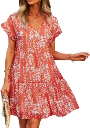Summer Casual Midi Dress for Women Ruffle Short Sleeve Cute V Neck Dress Wedding Guest Tiered Pleated Smocked Dress